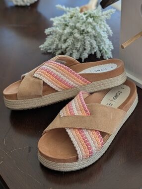 TOMS Tan Suede Slide Sandal with Pink, Peach & Cream Braided Straps